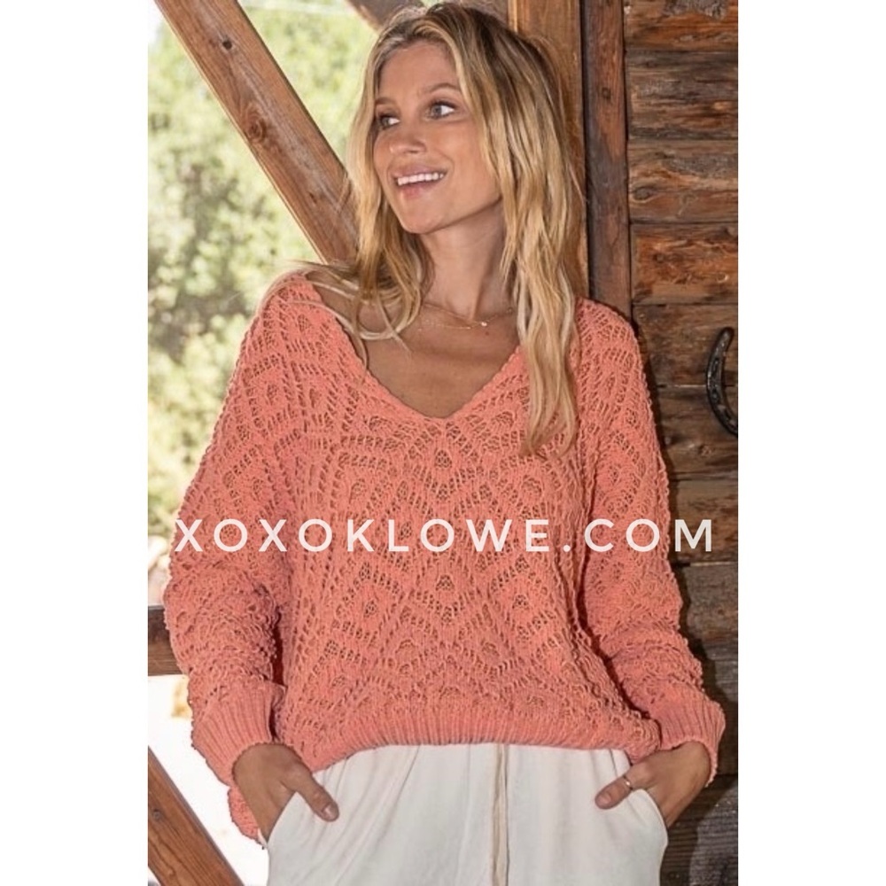 POL Coral Chenille Honeycomb V Neck Sweater Relaxed Fit